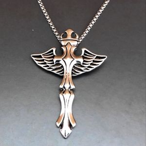 AllSaints Stainless Steel Crown Cross Angel Wing Necklace 22" chain